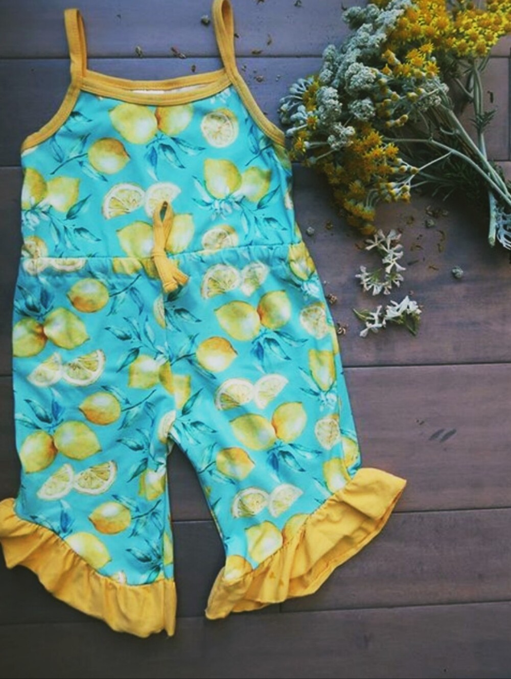 Girls Lemon Print Ruffle Romper - Yellow & Aqua Girls Sizes M,L, XL - Picture 1 of 4